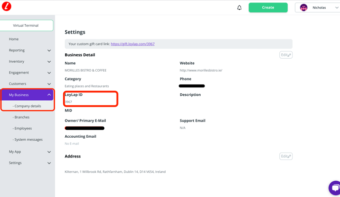 Business Details LoyLap ID