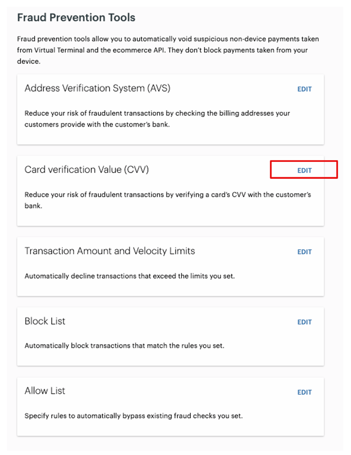 Clover Fraud Prevention Tool Options - CVV Edit