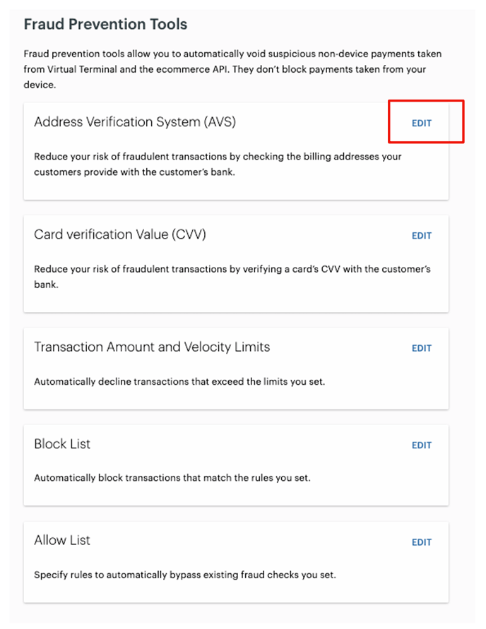 Clover Fraud Prevention Tool Options -AVS Edit