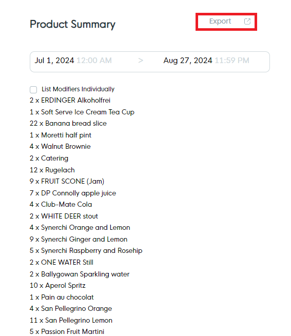 Export Product Summary