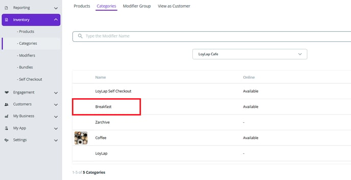 Inventory Categories Selection