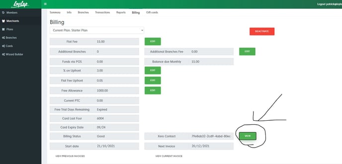 1) Log into admin portal, billing, view