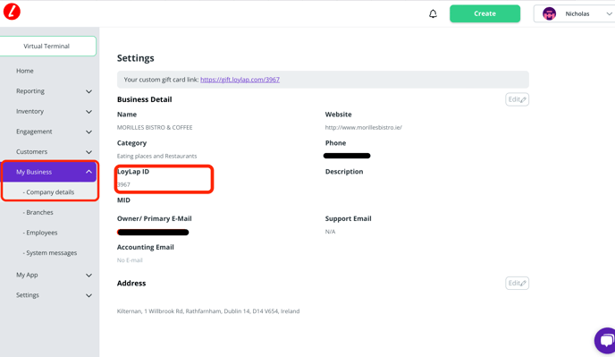 Business Details LoyLap ID