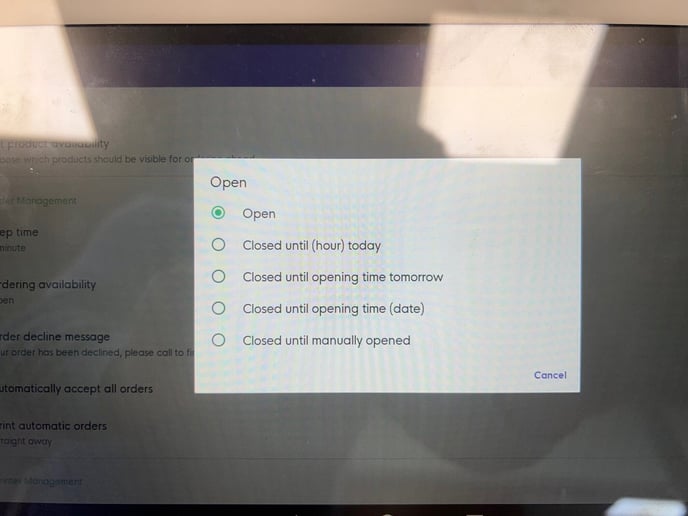 Disable online ordering