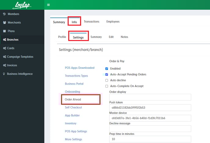 Order Ahead Branch Setting