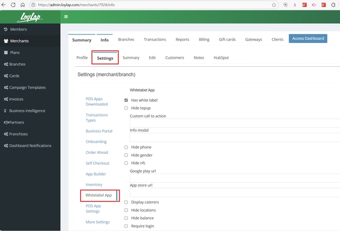 Settings Whitelable app 