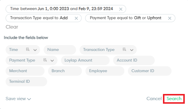 Transactions Filter Search