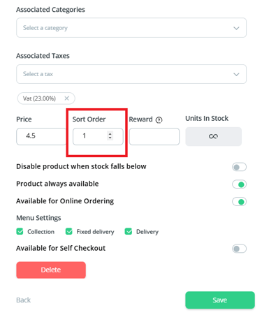 Product Sort Order